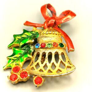 Beatrix Pin Brooch Gold Tone Vintage Enamel Jeweled Holly Berries Christmas